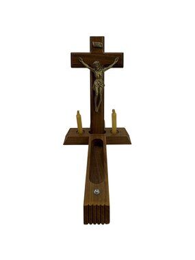 Vintage Crucifix Sick Call Set 13" Walnut Wood Last Rights Cross Catholic INRI